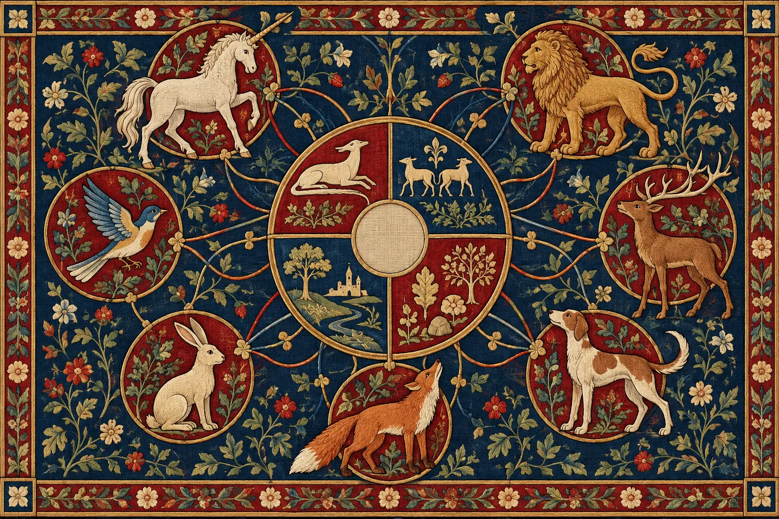 Schéma éditorial reliant sept animaux de tapisseries médiévales à leurs principaux indices de contexte