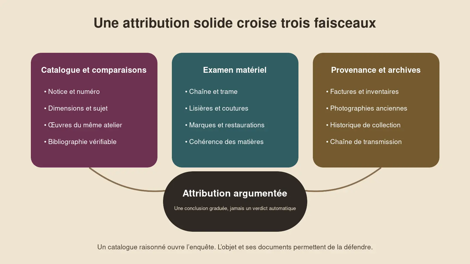 Schéma des trois faisceaux nécessaires à une attribution de tapisserie : catalogue, examen matériel et provenance