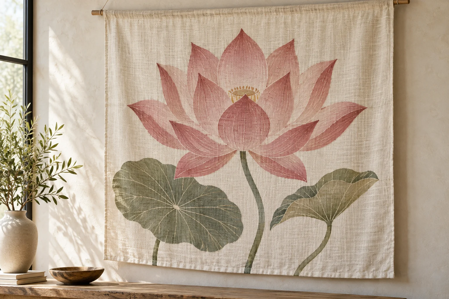 Tenture écrue ornée d’un grand lotus rose et de deux feuilles vertes sur un mur clair