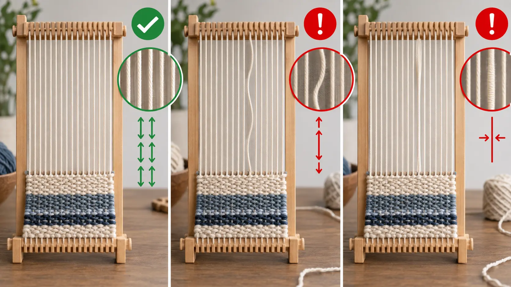 Métier à tisser vertical montrant une chaîne régulière et deux défauts de tension signalés