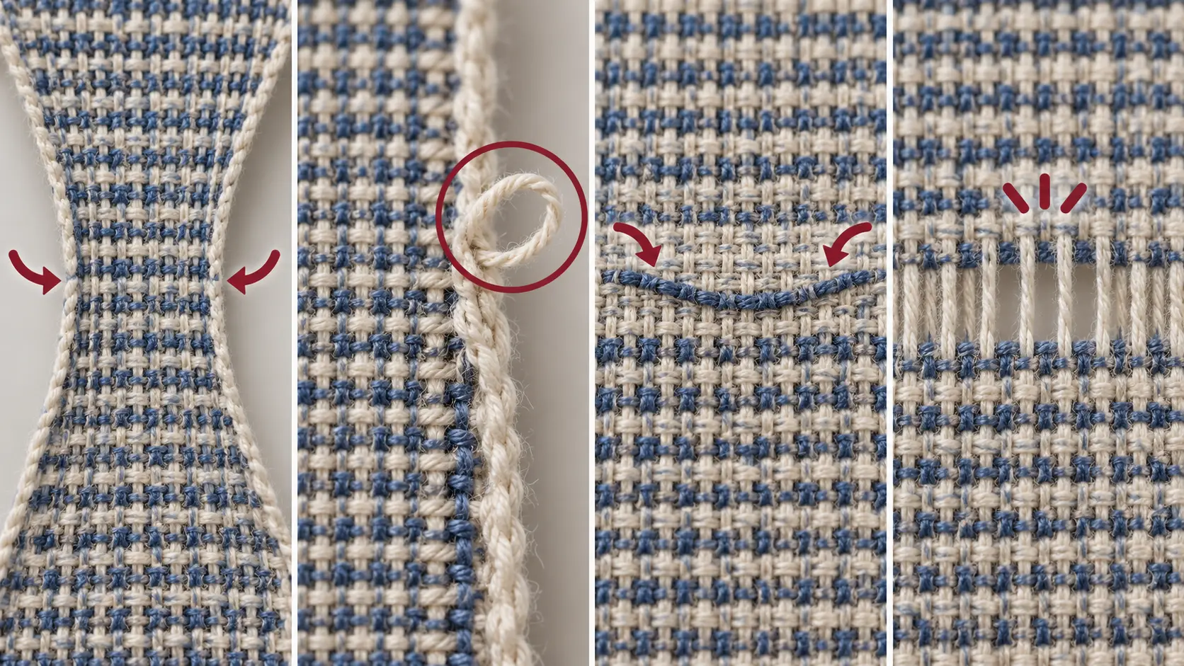 Comparatif de quatre défauts courants sur une trame tissée et de leur aspect