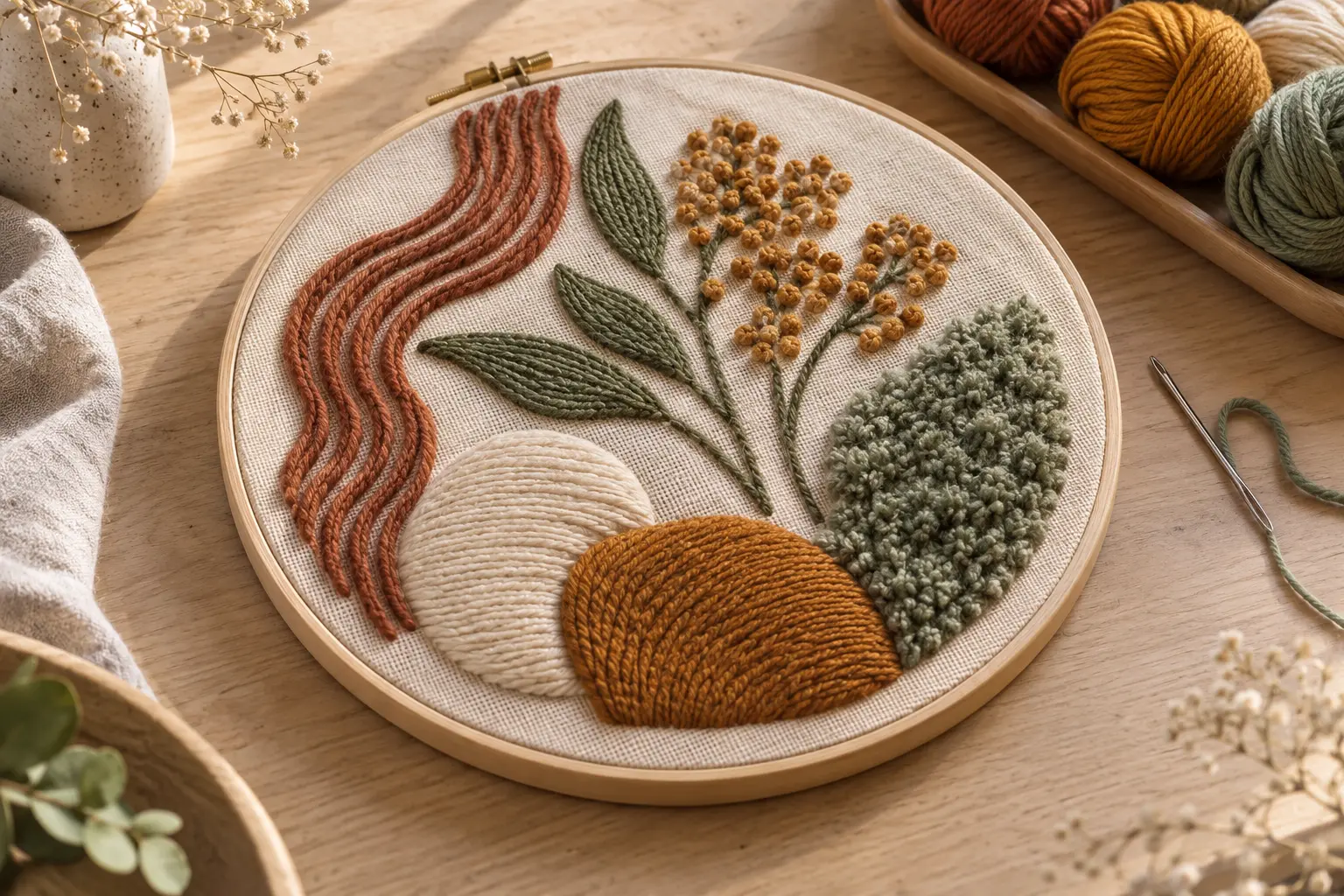 Composition de broderie murale en laine combinant lignes, volumes lisses, nœuds et touffe
