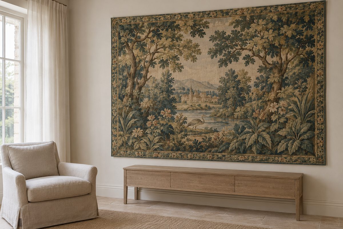 Tapisserie en laine accrochée sur un mur intérieur à l'abri du soleil