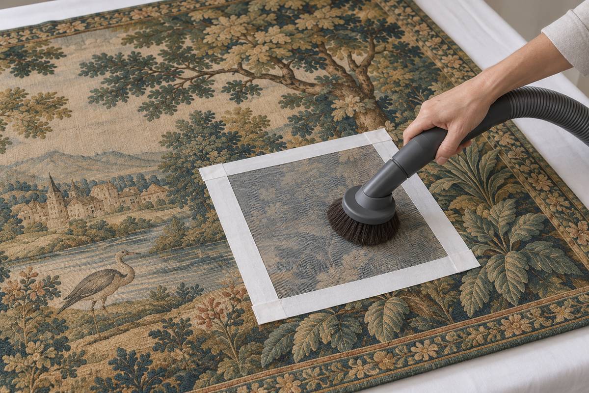 Brosse d'aspirateur passée sur une moustiquaire posée sur une tapisserie