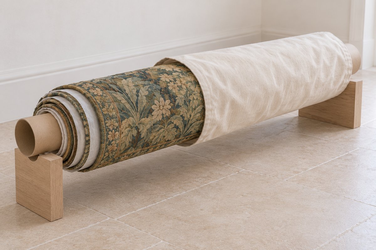 Tapisserie roulée sur un tube avec papier de soie et housse en coton