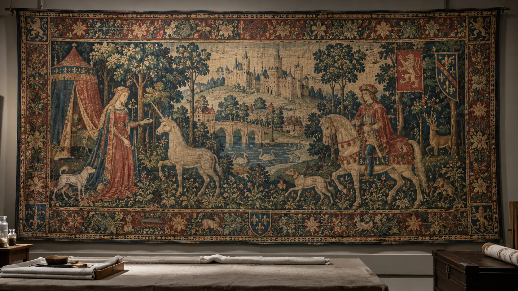 Tapisserie tissée ancienne éclairée dans un atelier de conservation