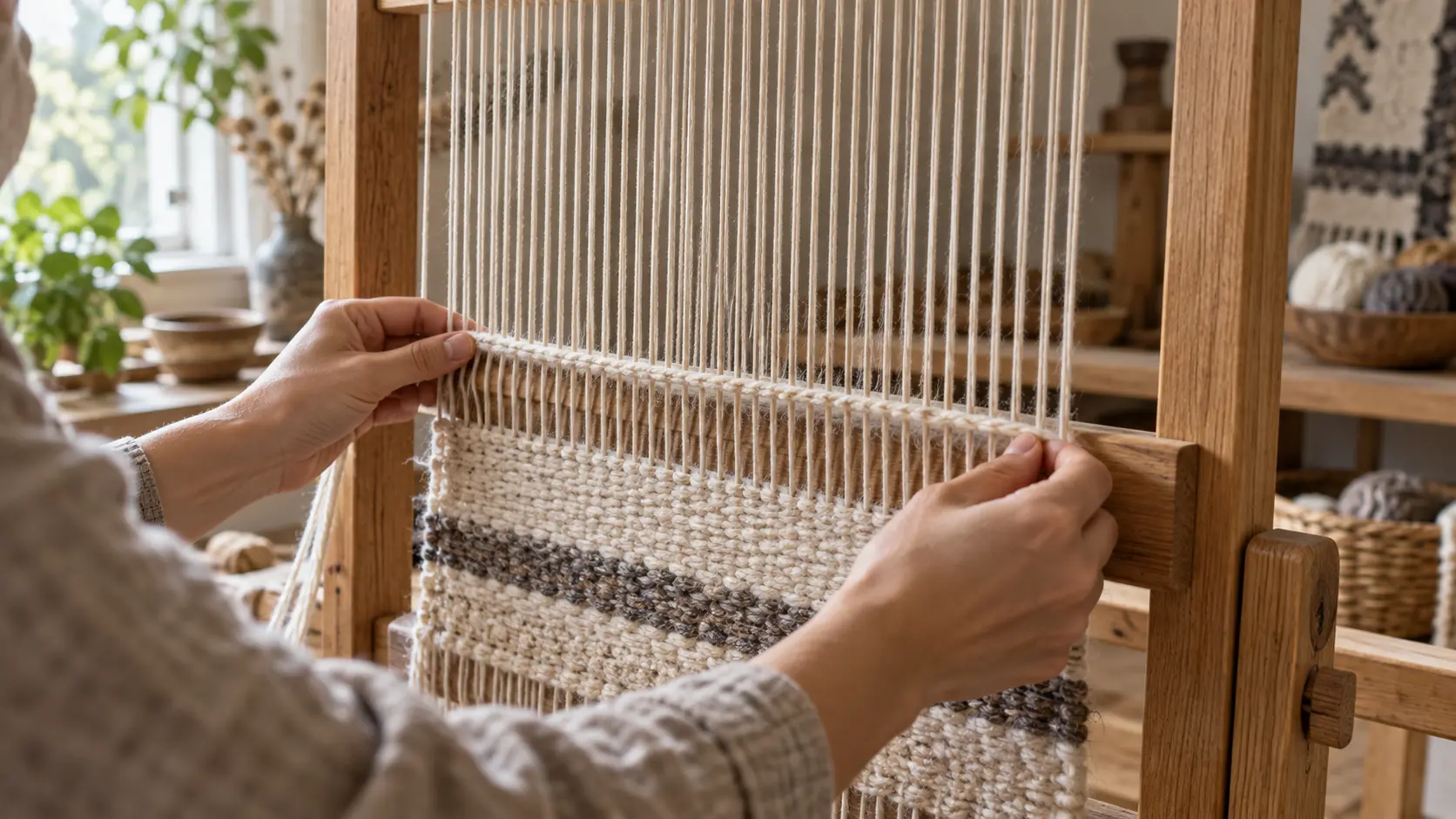 Mains répartissant la trame sur un métier à tisser vertical en bois