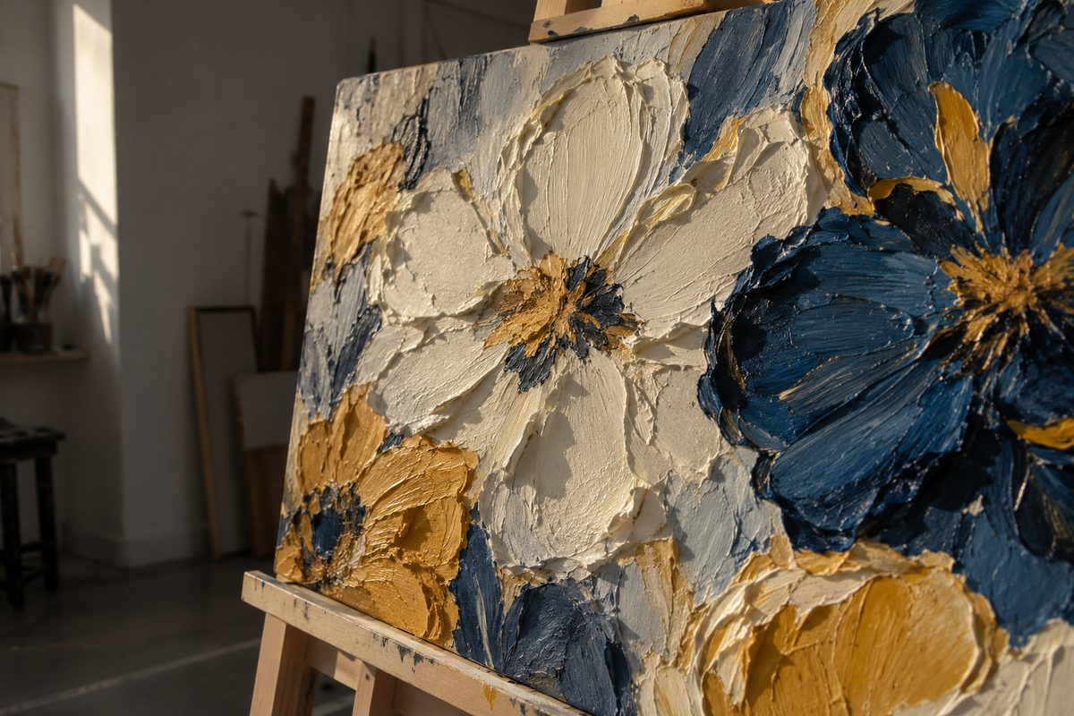 Toile peinte à empâtements éclairée en lumière rasante révélant reliefs et traces de couteau
