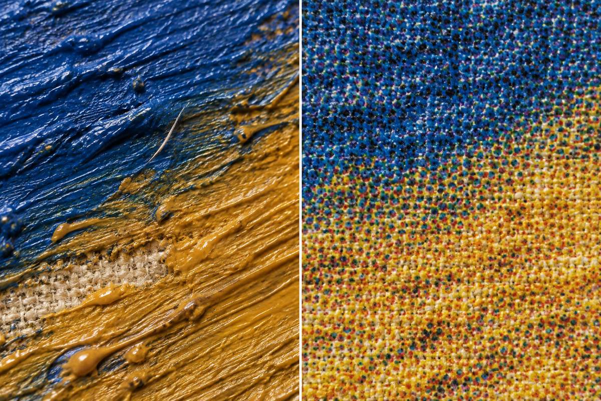 Macro comparant stries de pinceau d'une peinture et points d'encre d'une impression