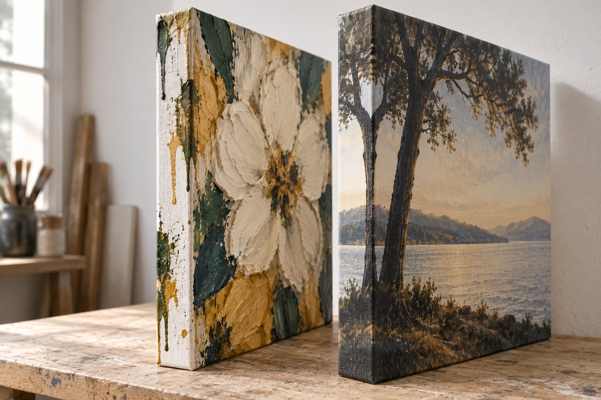 Tranche de toile peinte avec coulures à côté d'une impression à bord miroir
