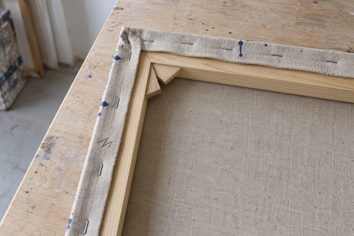 Dos de toile peinte avec châssis en pin, agrafes et clés d'angle en bois